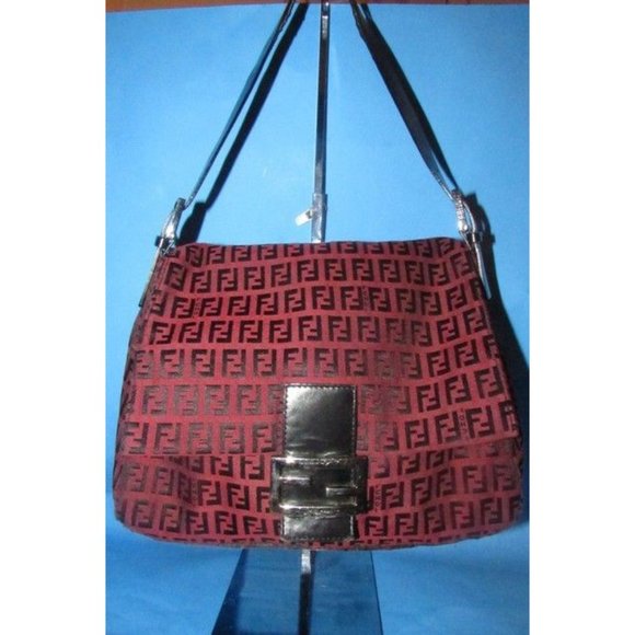 Fendi Mamma Zucco Zucchino Shoulder Bag Black Logo Print On Dark Red Canvas - Picture 12 of 12